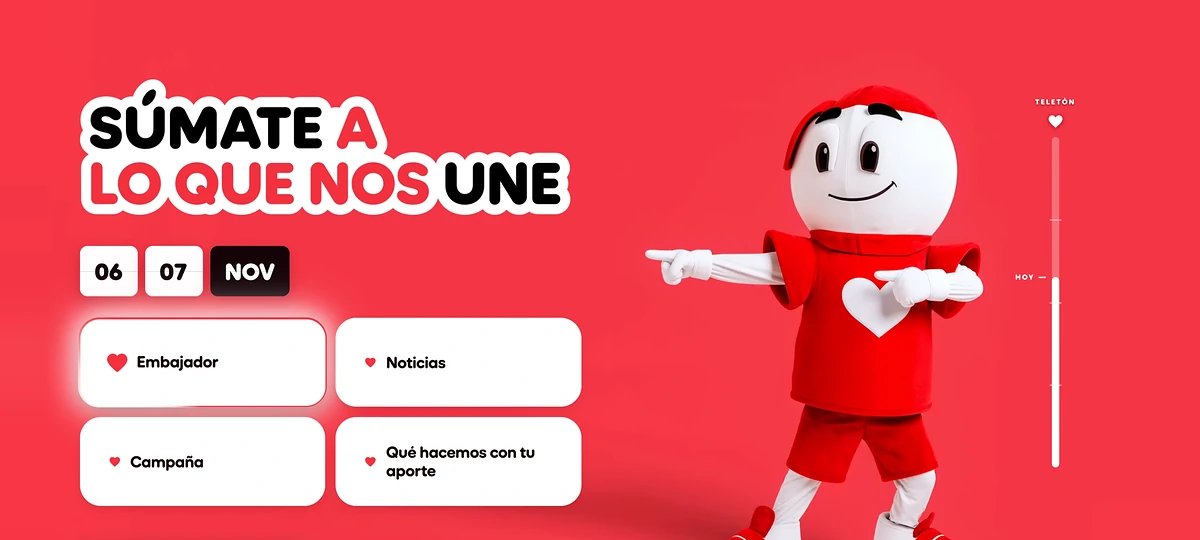 Portada de la landing Teletón 2026 con las fechas del evento, los accesos principales y la mascota