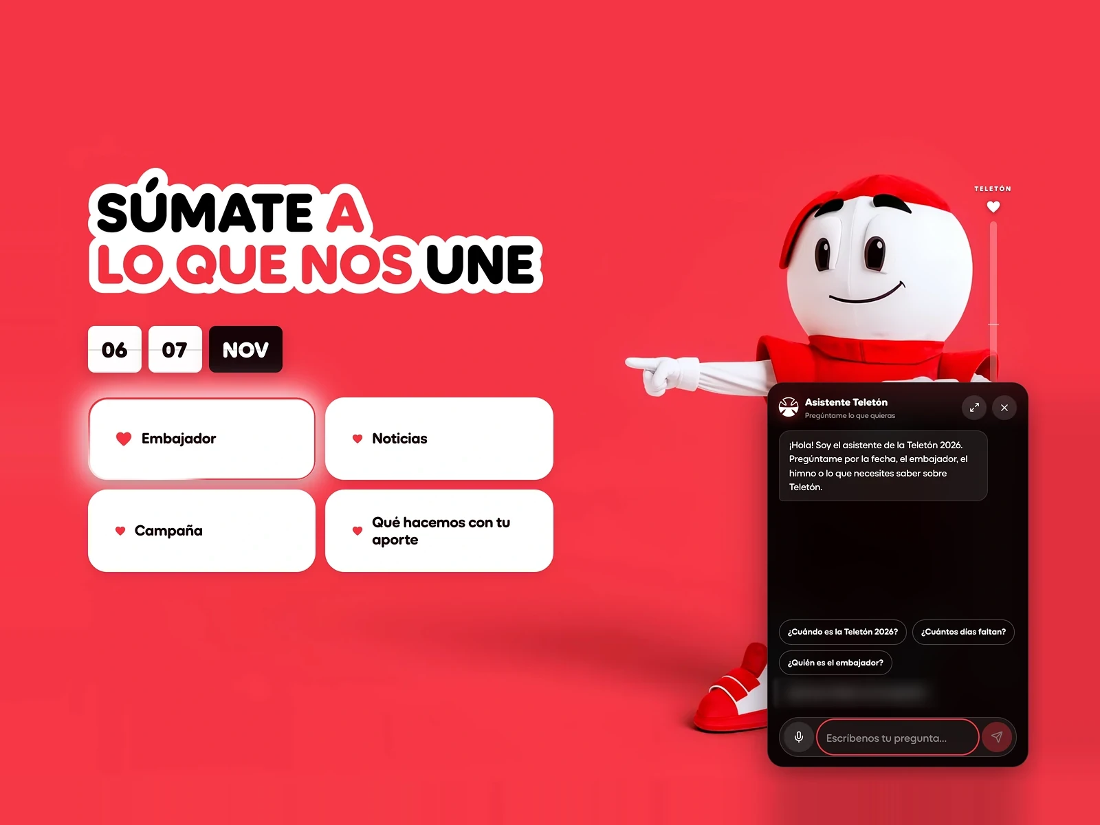 Portada de teleton.cl con el asistente con IA abierto