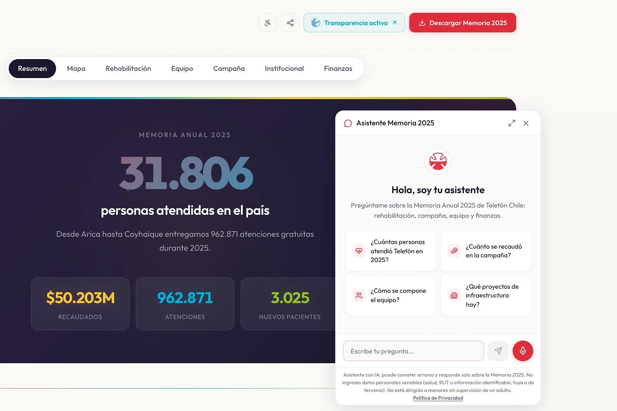 Asistente con IA de la Memoria Teletón 2025 abierto sobre la portada