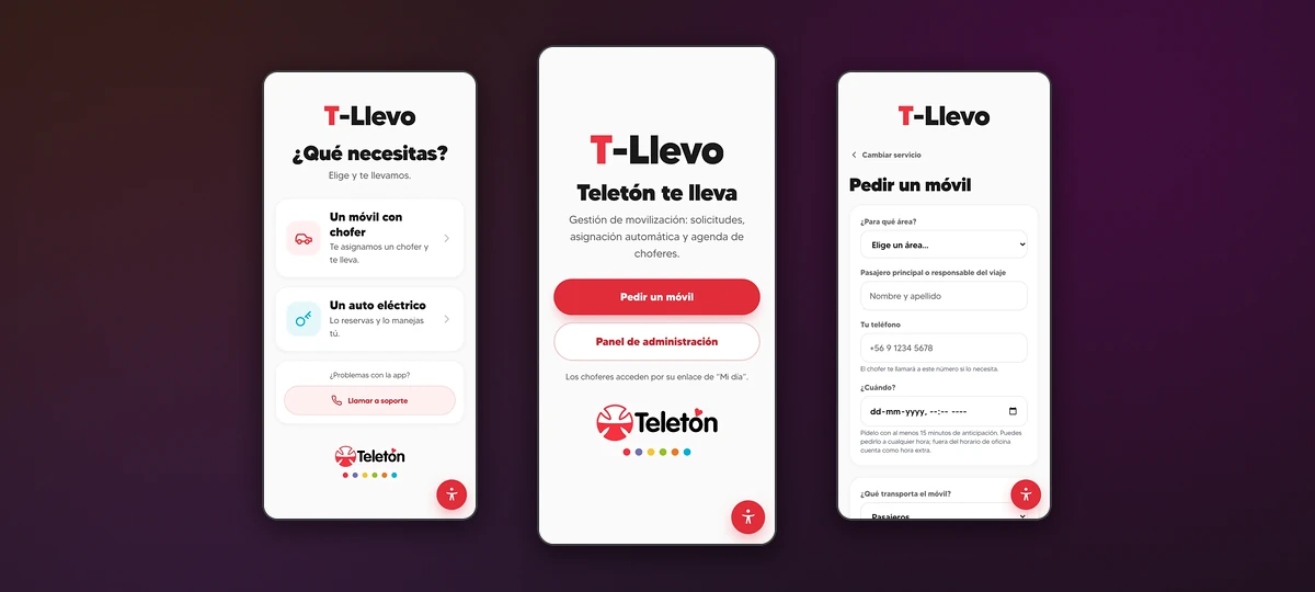 Tres pantallas de T-Llevo: elegir servicio, portada y pedir un móvil
