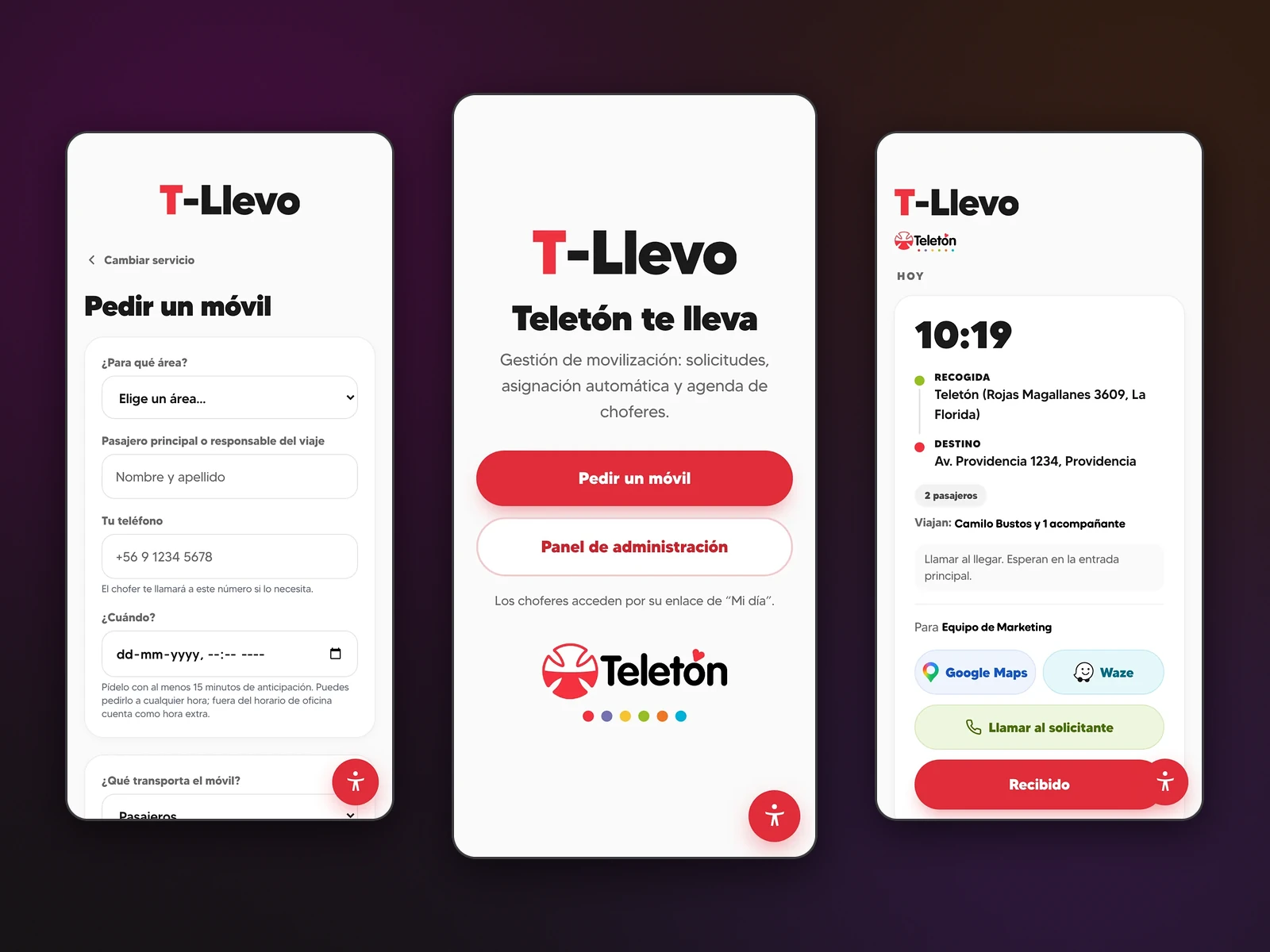 Tres pantallas de T-Llevo: pedir un móvil, portada y el día del chofer