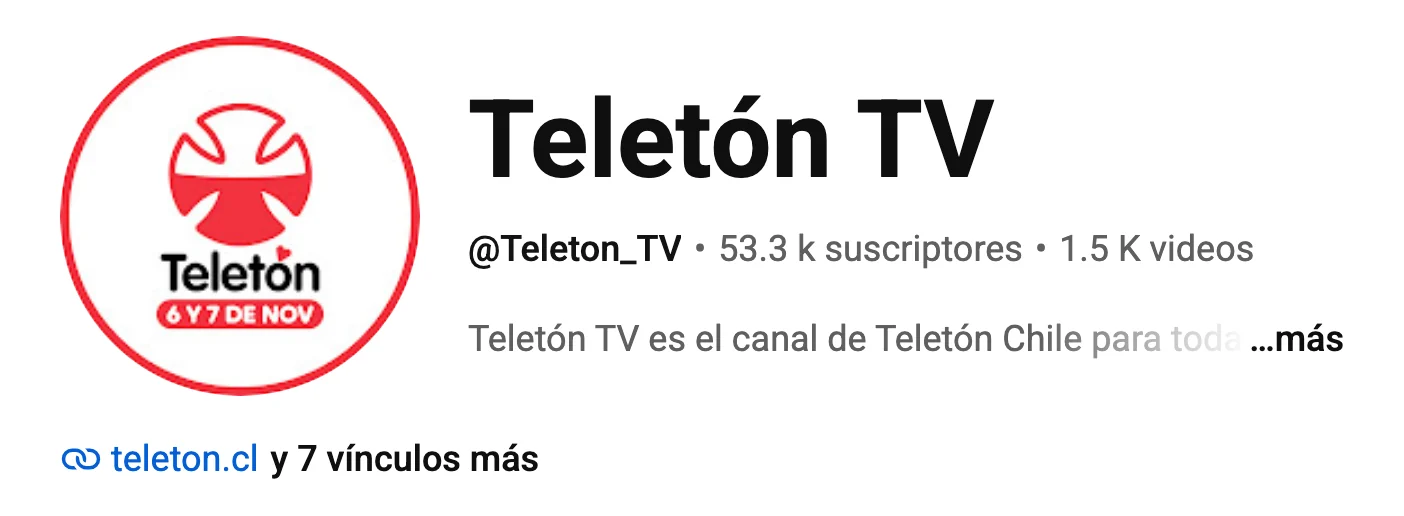 Encabezado de la página pública del canal Teletón TV en YouTube, con 53,3 mil suscriptores y 1,5 mil videos, el 30 de septiembre de 2026